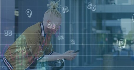 Animation of financial data processing over businessman using smartphone - Powered by Adobe