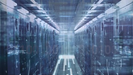 Animation of computer language moving over illuminated network server racks in data room - Powered by Adobe