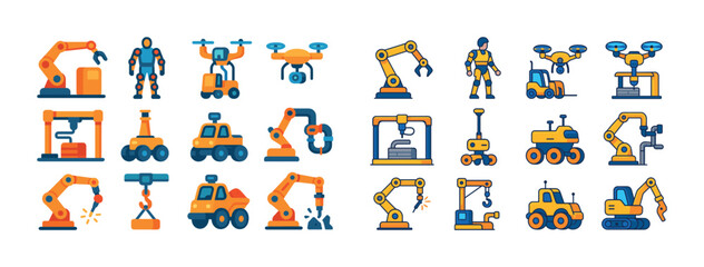 Fototapeta premium Cartoon robotics and machinery icons set featuring industrial robots and drones