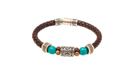 Handmade bracelet with brown leather and colored beads on a transparent background.
