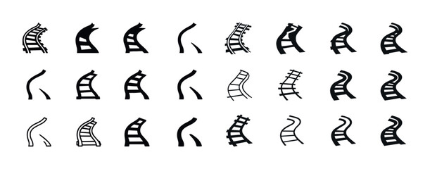 Naklejka premium Variety of stylized black and white curved railroad tracks in icon set