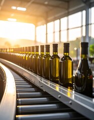 Dark olive oil bottles move smoothly on a conveyor belt