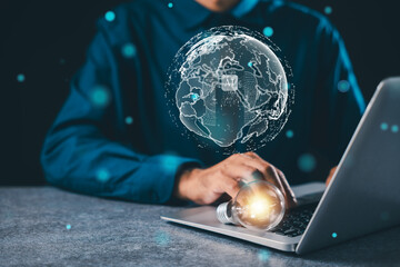 innovation drives ai technology concept through glowing lightbulb and digital globe hologram while businessman works on laptop computer for creative ideas and global innovation