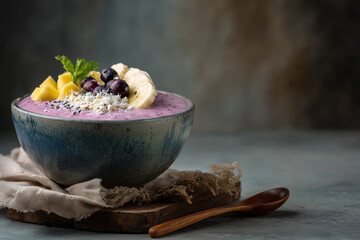 closeup of an acai bowl in a kitchen
