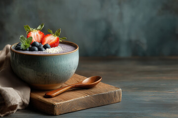 closeup of an acai bowl in a kitchen