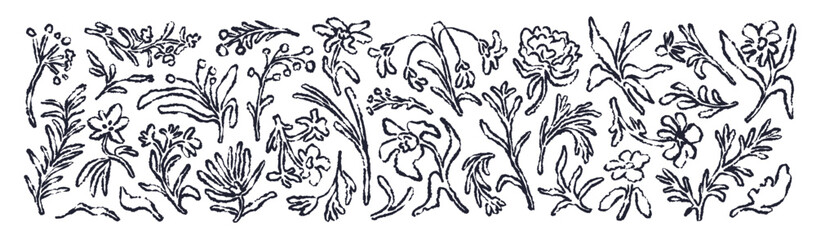 Doodle charcoal flowers set. Abstract floral botanical elements in drawn style. Ink, pencil, crayon and chalk rough line drawings, sketches. Flat vector illustrations isolated on white background