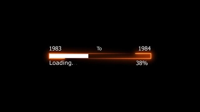 Loading 100 percent complete progress bar digital interface technology modern design white color animation. New year 1983 to 1984 loading animation. Neon bright rectangle frame black background.