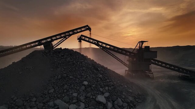 Mining conveyor belt dumping rocks at sunset, heavy industry footage representing extraction and mining.