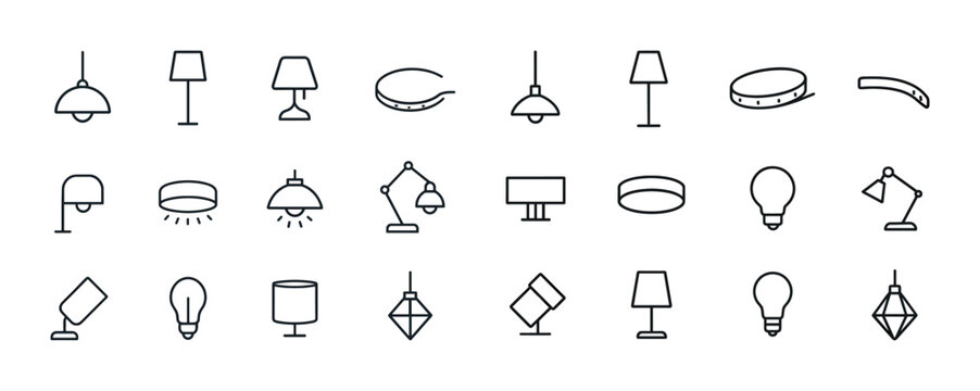 Minimalist line drawing of various modern lamps and lighting fixtures
