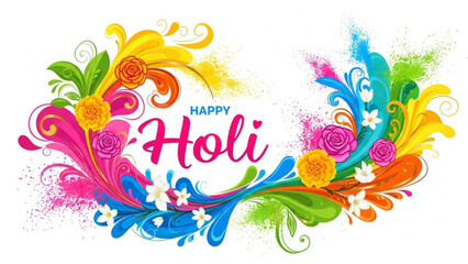Vibrant colorful holi celebration graphic with flowers and paint splashes on white background for festive indian holiday with festival and colors