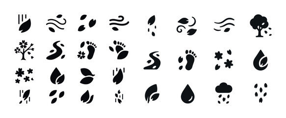 Obraz premium Nature icons collection: leaves, trees, footprints, weather symbols, floral elements