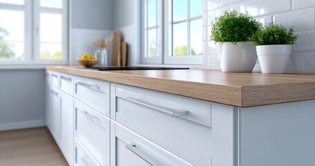Fototapeta premium Modern Renovation Detail of a Bright Kitchen with Wooden Countertop and Plants