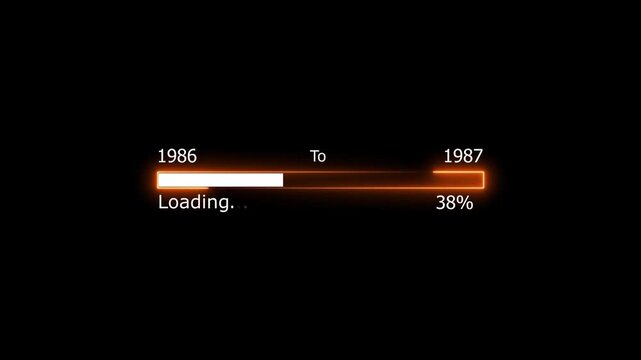 Loading 100 percent complete progress bar digital interface technology modern design white color animation. New year 1986 to 1987 loading animation. Neon bright rectangle frame black background.