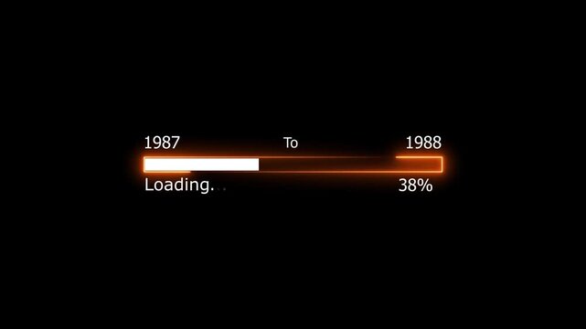 Loading 100 percent complete progress bar digital interface technology modern design white color animation. New year 1987 to 1988 loading animation. Neon bright rectangle frame black background.