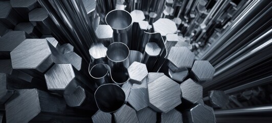 The Metal Hexagonal and Cylindrical Rods Creating a Futuristic Industrial Abstract Pattern