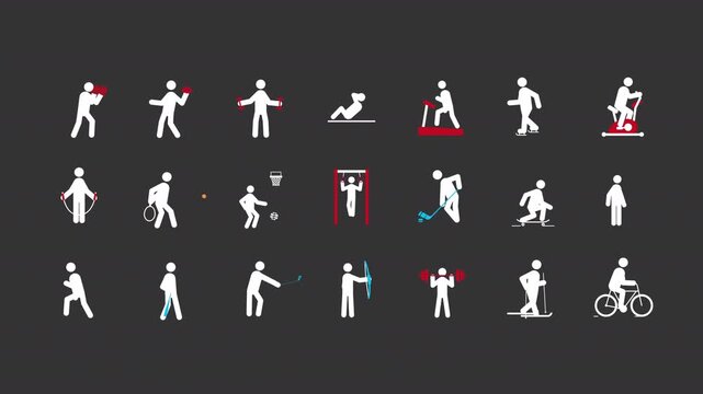 Physical activities stick men white glyphs animation set. Healthcare fitness, relaxing sports. Competitive games. Simple human silhouettes dynamic movement. Solid pictogram symbols HD video