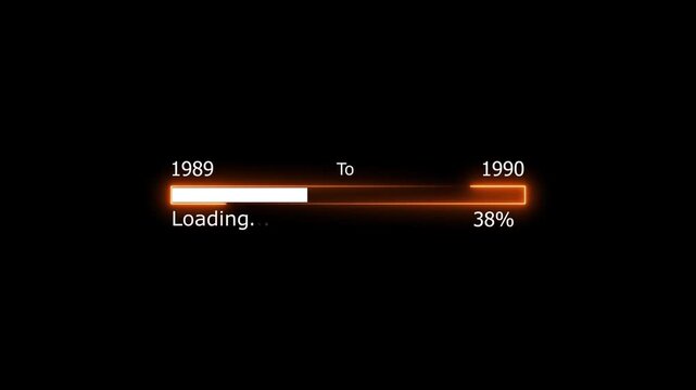 Loading 100 percent complete progress bar digital interface technology modern design white color animation. New year 1989 to 1990 loading animation. Neon bright rectangle frame black background.