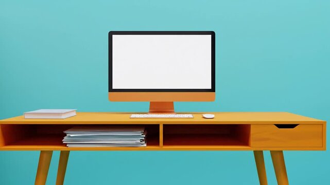 Minimalist orange desk with a modern computer and books against a vibrant teal background, perfect for a clean home office setup