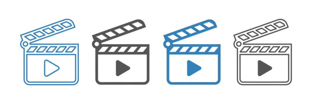 Video and film shooting icon set, camera, clapboard & film symbols for app, website, design element on transparent background 