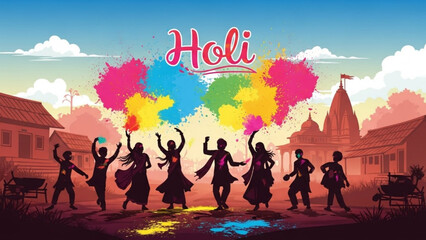 People celebrating holi festival with colorful powder in a vibrant outdoor setting with buildings and a temple in the background under a blue sky