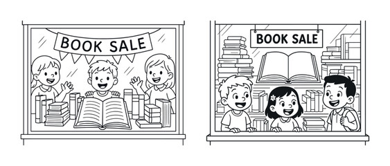 Fototapeta premium Kids enjoying book sale illustration with smiling children at storefront