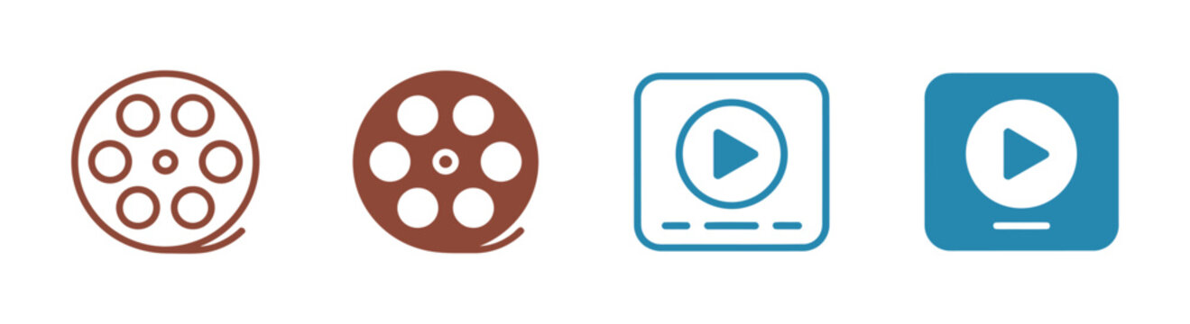 Video and film shooting icon set, camera, clapboard & film symbols for app, website, design element on transparent background 