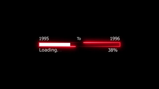 Loading 100 percent complete progress bar digital interface technology modern design white color animation. New year 1995 to 1996 loading animation. Neon bright rectangle frame black background.