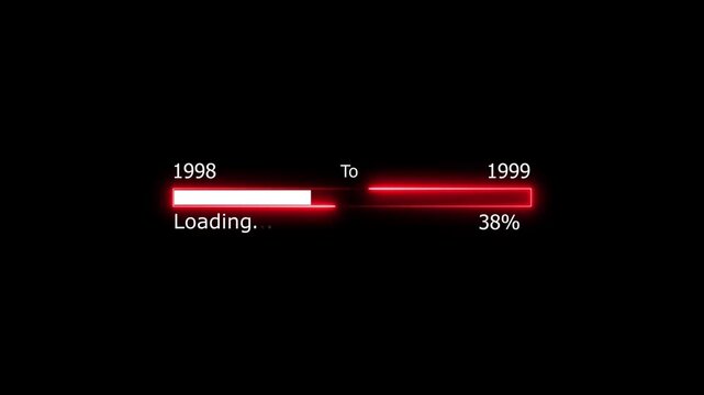 Loading 100 percent complete progress bar digital interface technology modern design white color animation. New year 1998 to 1999 loading animation. Neon bright rectangle frame black background.