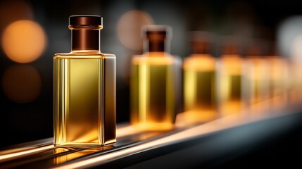 Naklejka premium Tall dark olive oil bottles move effortlessly on a polished conveyor belt, illuminated by soft lighting that enhances their smooth shapes, creating a warm and inviting atmosphere