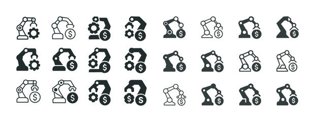 Fototapeta premium Set of industrial robotic arm icons featuring gear and dollar symbols