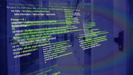Animation of computer language and lens flares over data server room - Powered by Adobe