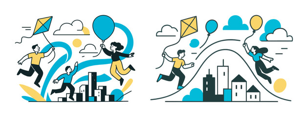 Obraz premium Colorful urban scenes with people flying kites and balloons