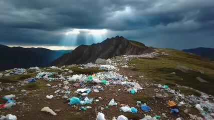 Pollution spreading across a mountain landscape, environmental impact footage illustrating climate change and air contamination.