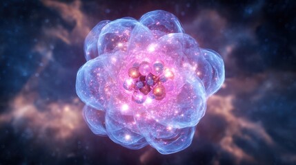 The Glowing Atomic Nucleus Surrounded by Orbital Clouds in a Cosmic Quantum Visualization