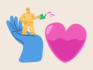 Boy fills heart with liquid. Colorful vector illustration