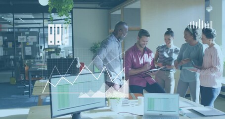 Animation of statistical data processing against diverse colleagues discussing together at office - Powered by Adobe