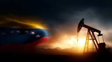 An oil pump jack stands tall against a vibrant sunset sky, illuminated in shades of gold and orange, while the Venezuelan flag gently waves in the background, creating a powerful and evocative scene