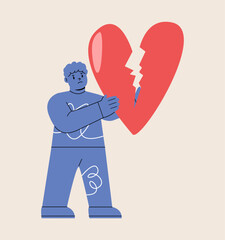 Boy holding broken heart. Colorful vector illustration