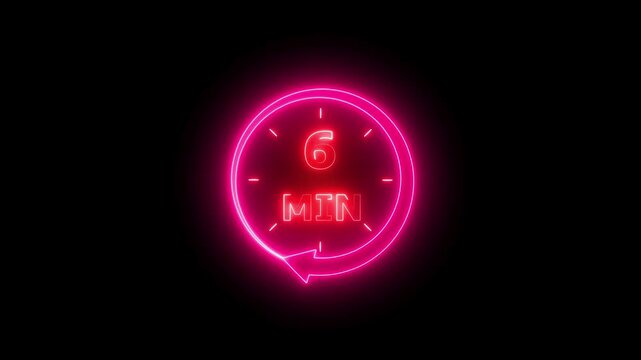 Clock icon 24 Hour Day Fast Speed neon bright red color animation. Digital clock time rotation 6 minute black background 4k video.