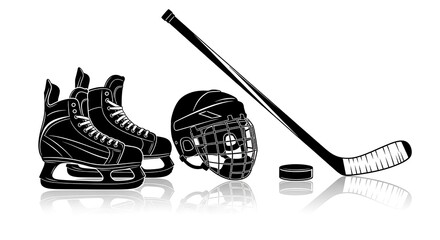 Ice hockey equipment collection with skates helmet stick and puck.