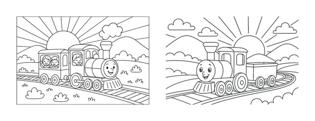 Obraz premium Smiling train illustration with happy children and scenic background