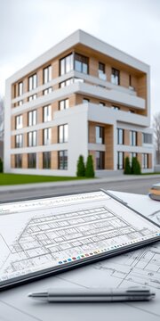 Architectural blueprints and 3D modeling visualizations for modern construction planning.