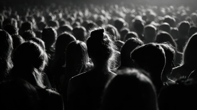 The crowd of silhouetted people watching a backlit live performance in monochrome