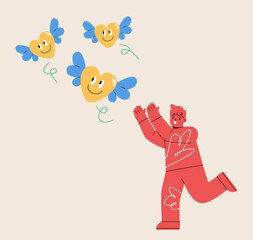 Boy trying to catch flying heart. Desire or aspiration. Colorful vector illustration