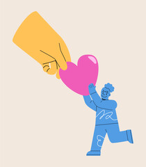 Support concept. Big hand gives heart to girl. Colorful vector illustration