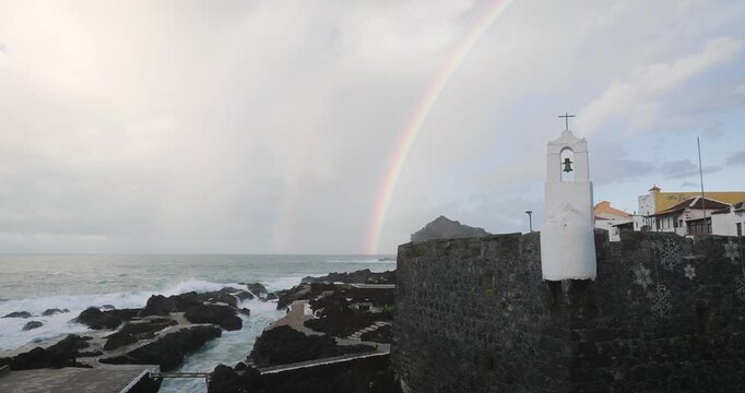 Garachico Tenerife Canary Islands aerial view with double rainbow over the ocean