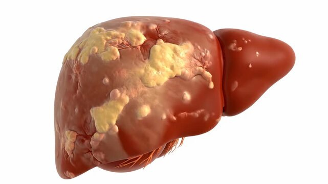 3D rendering of a diseased human liver with multiple tumors and lesions, illustrating liver cancer or severe pathology.