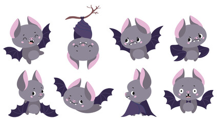 Funny bats. Cartoon bat different poses, sleeping, flying, scared. Wild forest emotional characters, childish mascots. Funny animals nowaday vector clipart
