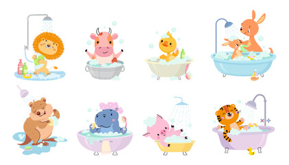 Animal taking bath. Funny leo pig hippo tiger duck in bathtub. Mommy wash child kangaroo. Cute animals for children stickers, prints, banners, nowaday vector set