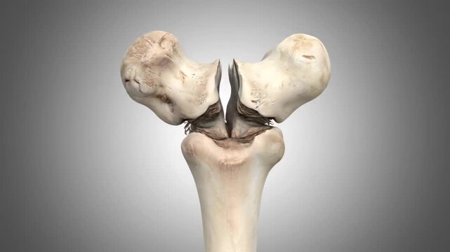 Close-up view of a human knee joint showing severe damage and fracture between the femur and tibia bones.
